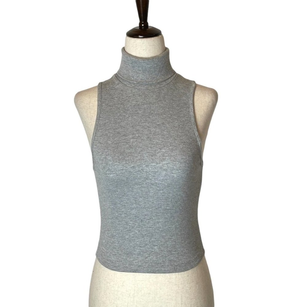 NWOT! Zara Gray Sleeveless Ribbed Knit Cotton-Blend Cropped Turtleneck Top, Sm